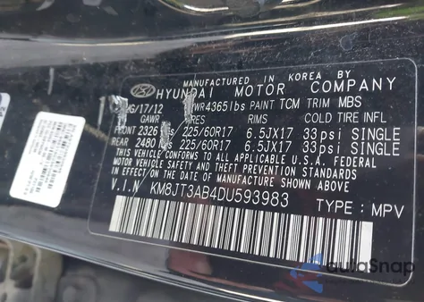 2013 Hyundai Tucson Gl z USA, uszkodzony, nr VIN KM8JT3AB4DU593983